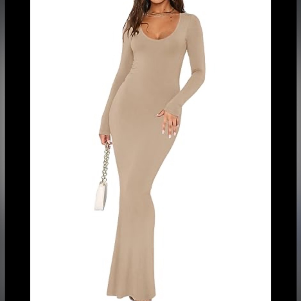 ReoRia Long Sleeve Scoop Neck Fitted Maxi Dress in Beige